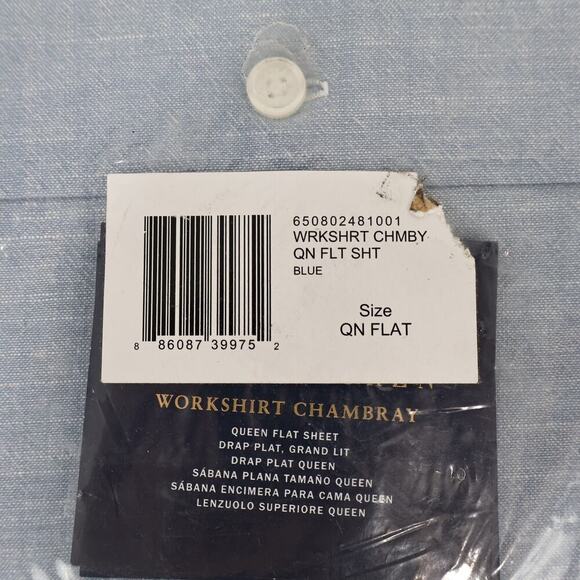 Ralph Lauren Bedding Workshirt Chambray Blue Flat Cotton Queen Sheet NWT - Picture 4 of 5